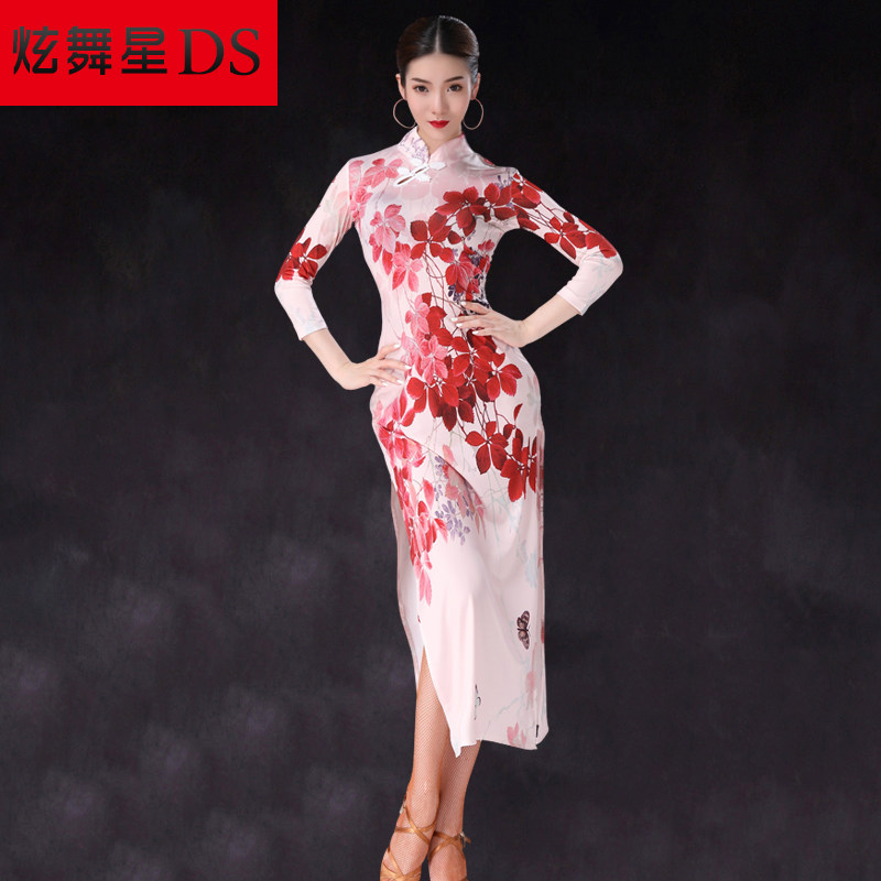 速发拉丁舞比赛服高端弹力拉丁舞连衣蹈旗袍舞裙服表演服秋冬练功