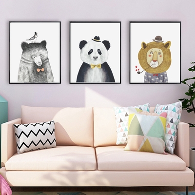 北欧小清新客厅装饰画儿童房卧室挂画熊狮子卡通动物墙壁画餐厅。
