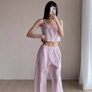 长裤 遛弯系列·休闲条纹阔腿遛弯裤 背心吊带上衣套装 消烦局长