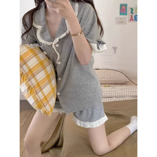 家居服套装 夏季 短裤 纯色荷叶边简约ins风甜美少女睡衣女短袖 新款