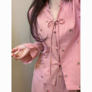 外出 简约粉色碎花宽松宿舍家居服套装 纯欲风长袖 睡衣女春上新新款