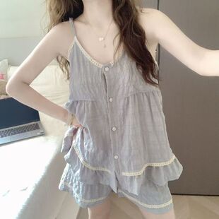 韩系ins风蕾丝家居服甜妹套装 夏季 带胸垫睡衣女款 吊带短裤