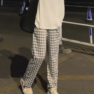 休闲百搭~遛弯裤韩版复古格子春秋睡裤女宽松长裤居家裤子可外穿