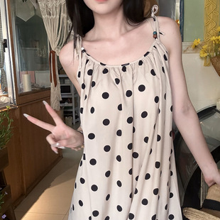 带胸垫睡裙女夏棉绸吊带感长裙度假波点连衣裙连衣裙薄