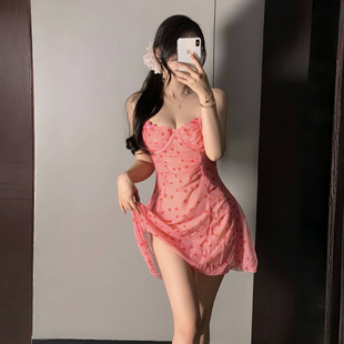 夜酥性感内衣女吊带睡裙纯欲风桃色爱心印花吊带裙小胸睡衣服6053