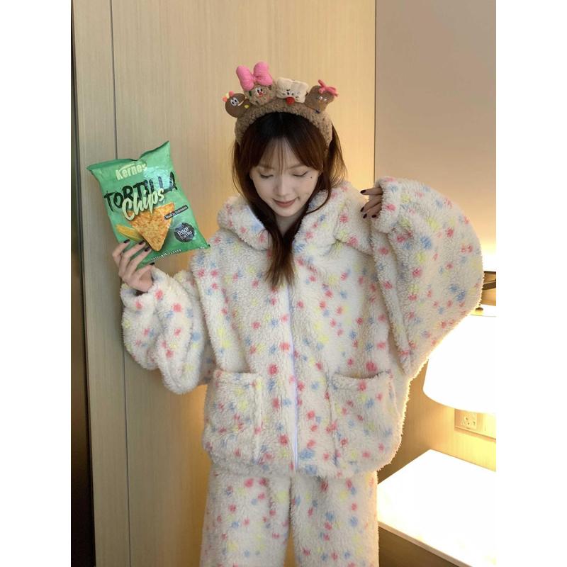 珊瑚绒秋冬睡衣女2025新款彩虹波点可爱甜美加绒加厚可外穿家居服