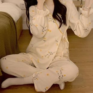 可外穿 长袖 开衫 甜美日系和服碎花系带蕾丝花边秋季 家居服睡衣套装