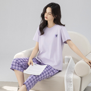 爽棉家居服凉爽舒适可外穿简约休闲格子套装 七分裤 短袖 睡衣女夏季