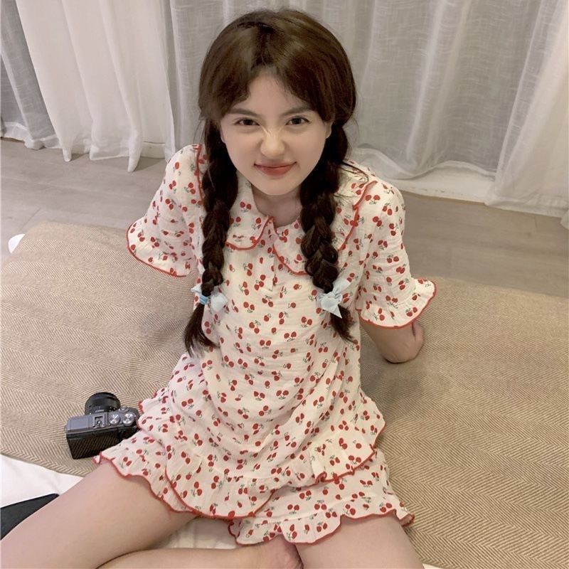 甜美睡1衣夏季短袖短裤套装樱桃情侣装泳衣新款小清新可外穿休闲