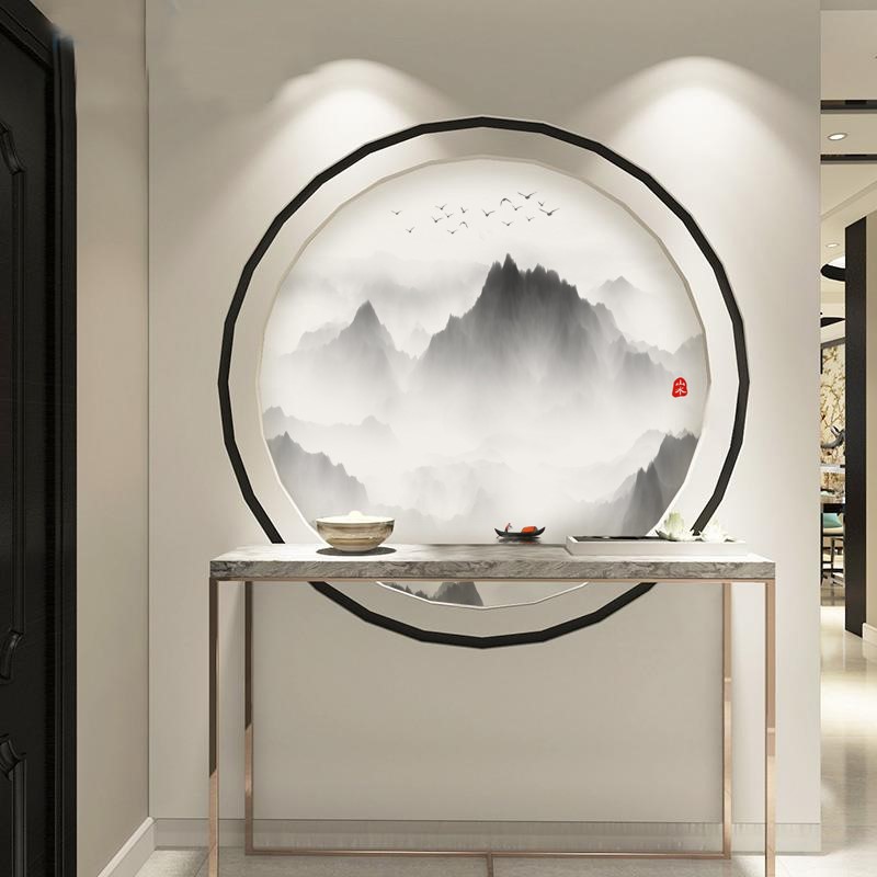 现代圆形山水图缝案壁纸定制新中式背景纸水墨禅墙意