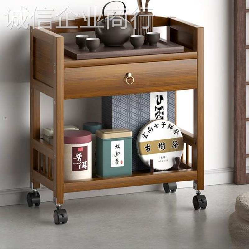 。麻将机茶水架多功能茶几实木麻将桌边置物架棋牌室可移动小型茶