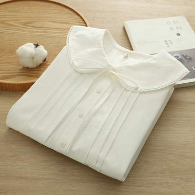 2025秋季新款大娃娃领长袖衬衫女宽松百搭蕾丝花边系带纯棉白衬衣