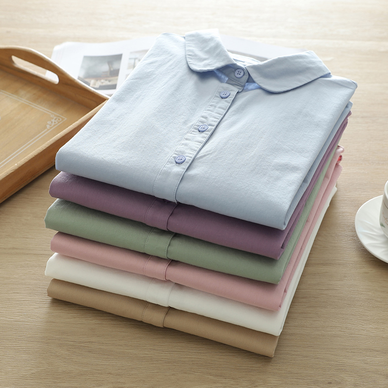 2025春装新品女装纯色长袖衬衫女宽松百搭文艺纯棉女士基础款衬衣