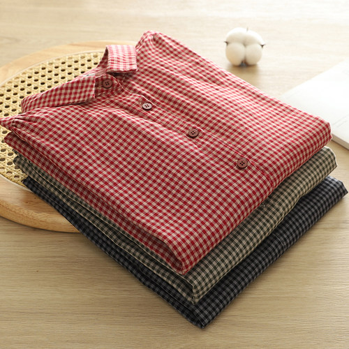 宽松长袖棉纱格子衬衫女