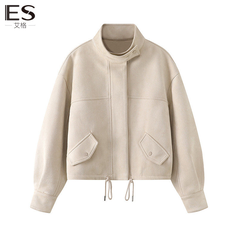 艾格ES2024早春秋季新款仿麂皮外套立领短款宽松夹克休闲小个子女