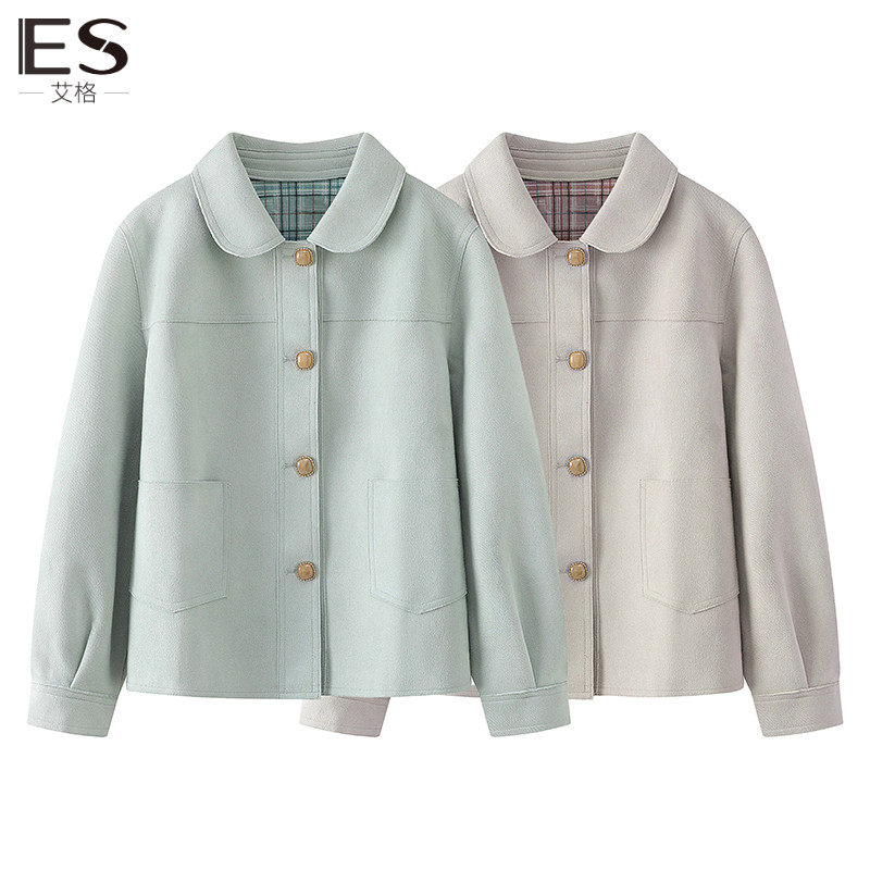 艾格ES法式小香风麂皮绒外套女24春新款娃娃领小个子百搭夹克上衣