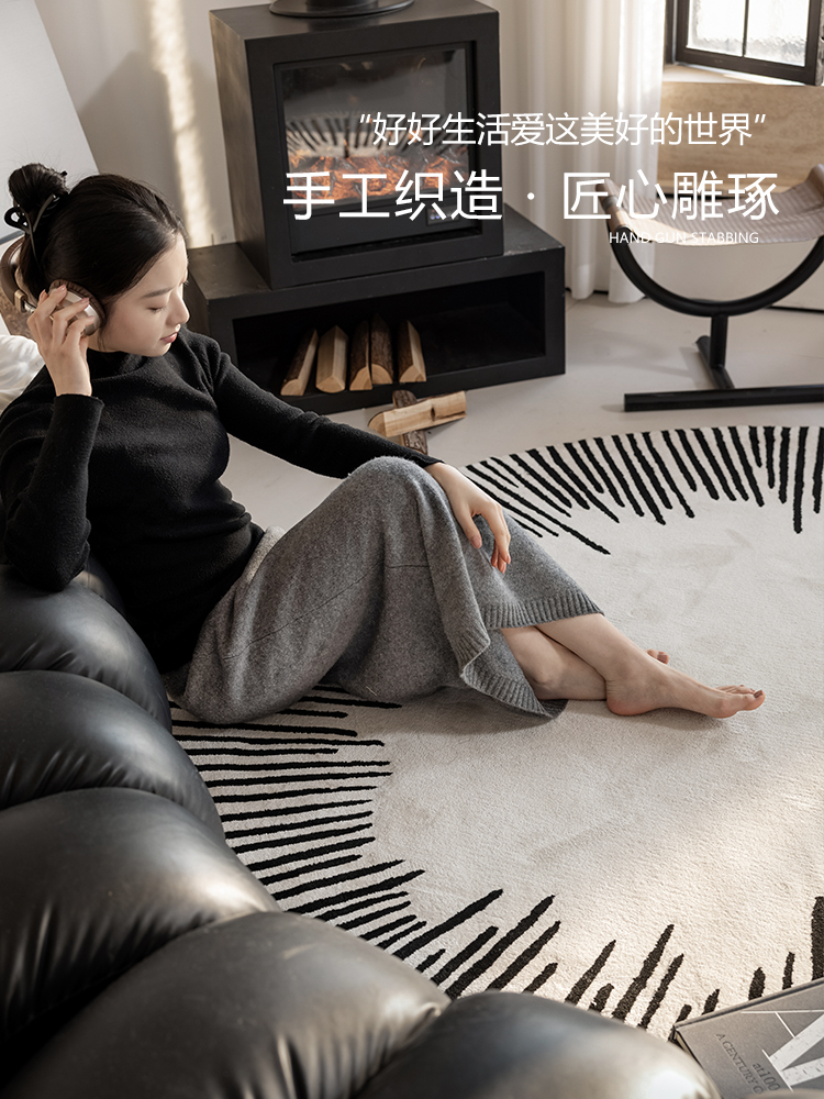 黑白条纹圆形客厅地毯羊毛手工定制别墅高端设计师书房卧室床边毯
