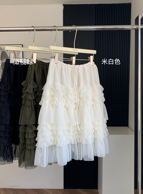 乌77绿色层次感网纱蓬蓬蛋糕裙女韩版高腰显瘦百搭小个子a字裙春