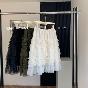 高腰显瘦百搭小个子a字裙春 乌77绿色层次感网纱蓬蓬蛋糕裙女韩版