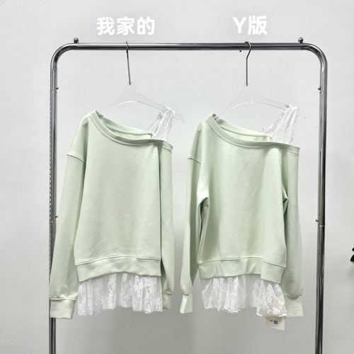 【慵懒假期】假两件斜肩卫衣女春季套头心机露肩上衣