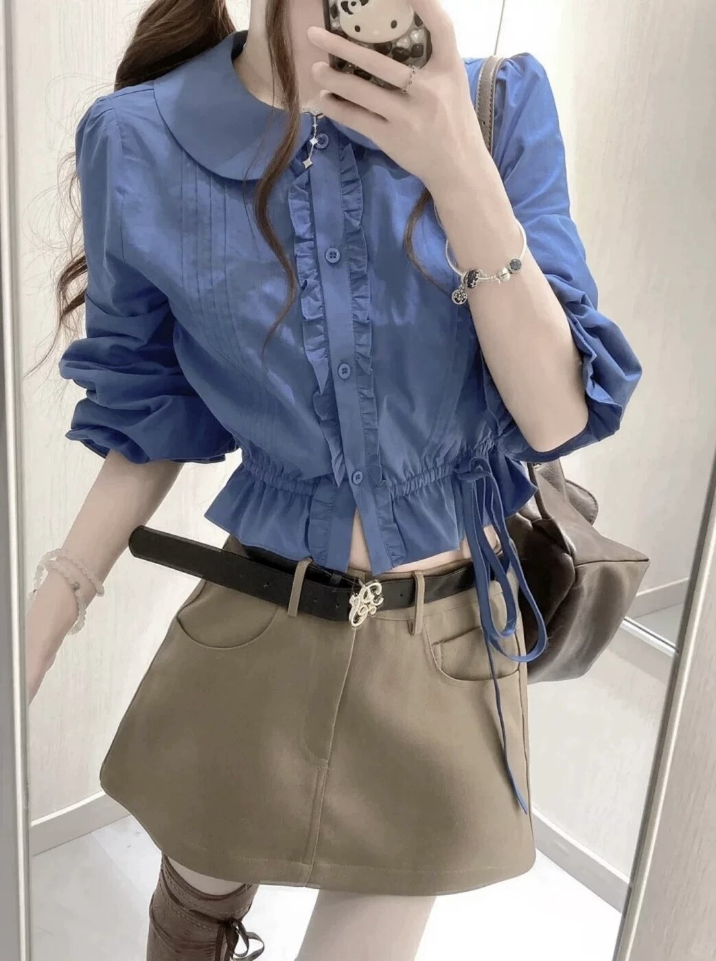 韩系收腰通勤短款纯色衬衫女修身时尚套装