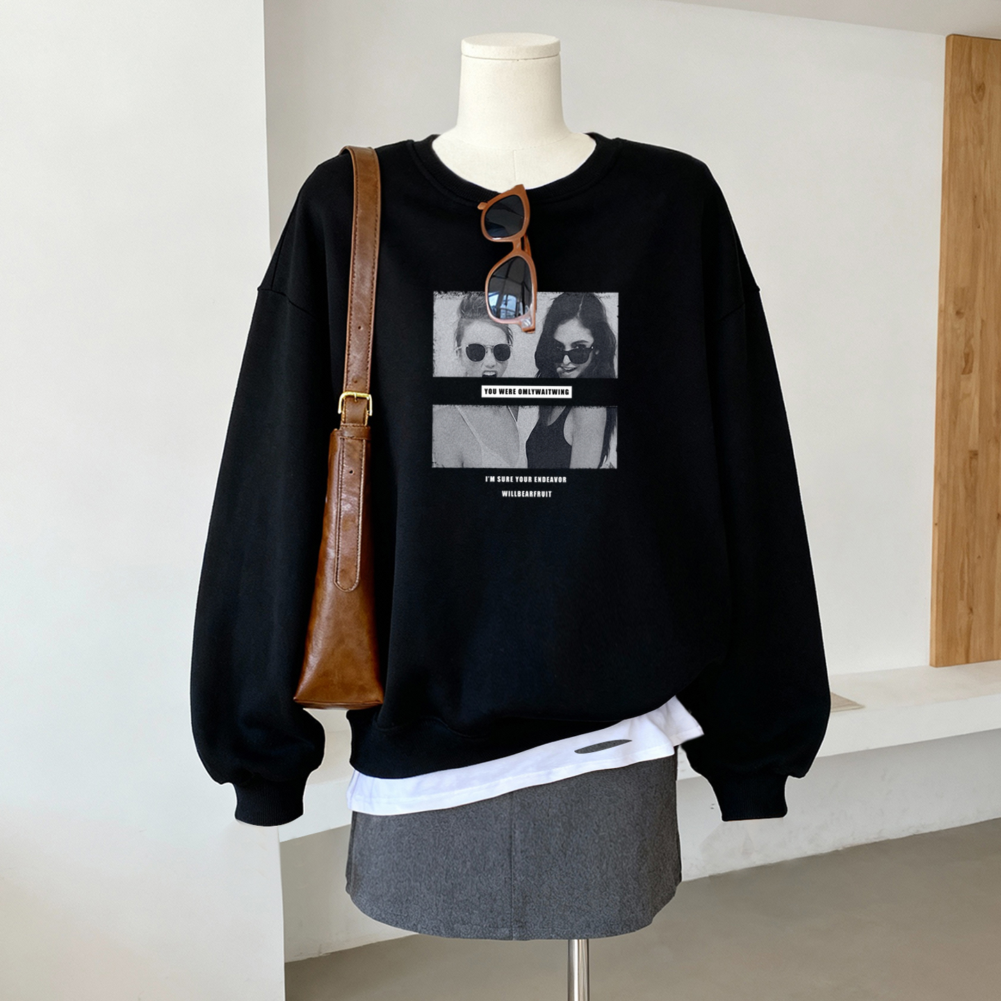 复古女孩中长款假两件拼接卫衣女士秋冬爆款黑色加绒上衣宽松外套