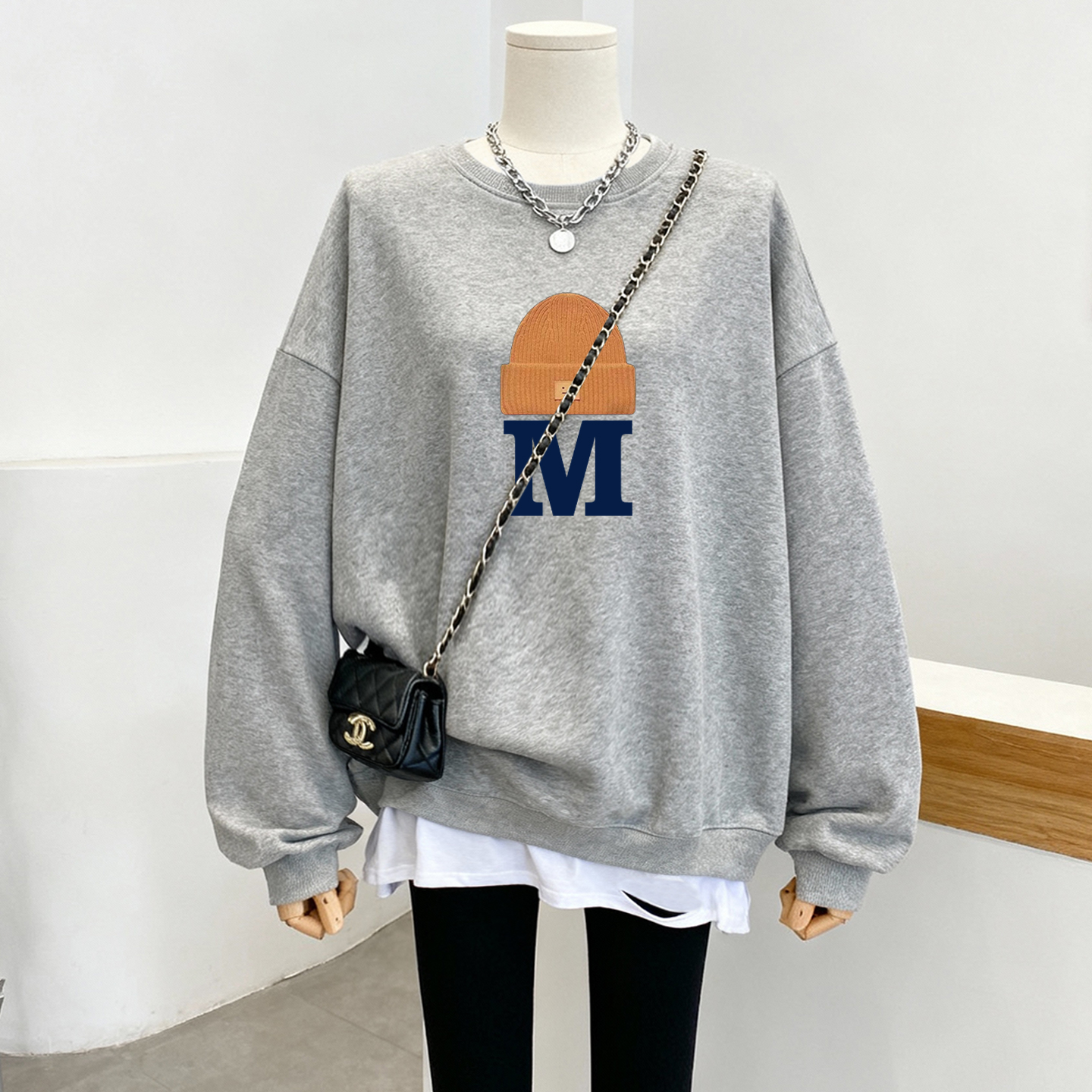 慵懒风加绒假两件卫衣女中长款大版灰色上衣秋冬爆款配鲨鱼裤外套