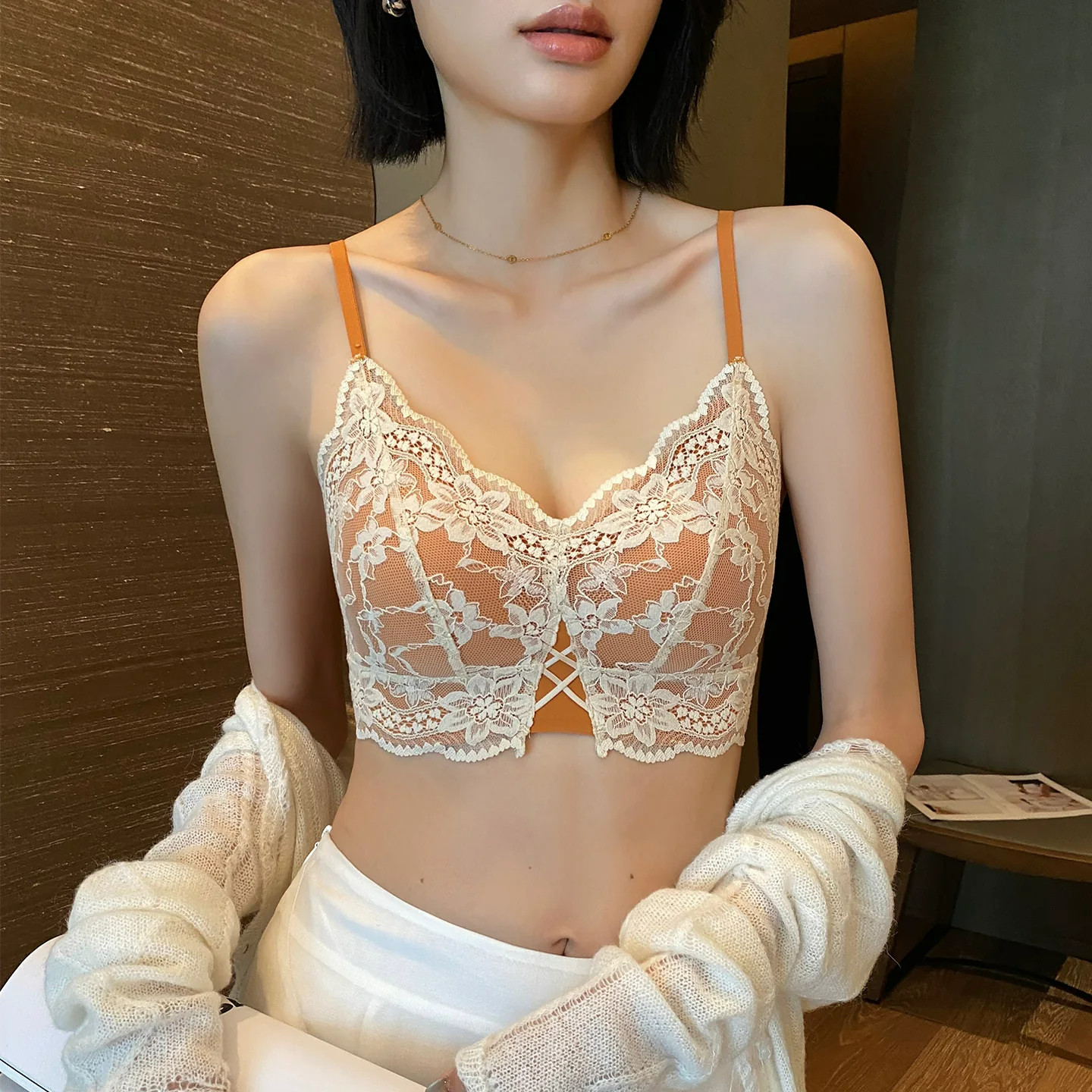 法式蕾丝内衣女薄款小胸舒适无钢圈性感收副乳防下垂背心式文胸罩