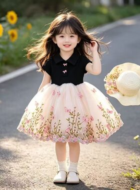 女童夏季polo领无袖衫蓬蓬连衣裙2026新款精致绣花拼接甜美公主裙
