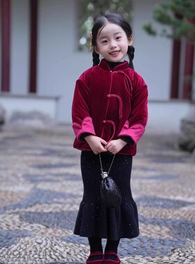 丝绒喜庆唐装姐弟装拜年服新中式