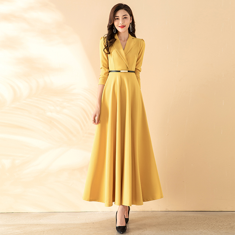 西装领连衣裙长袖2023春装新品女士时尚气质女神范高级感长裙洋气