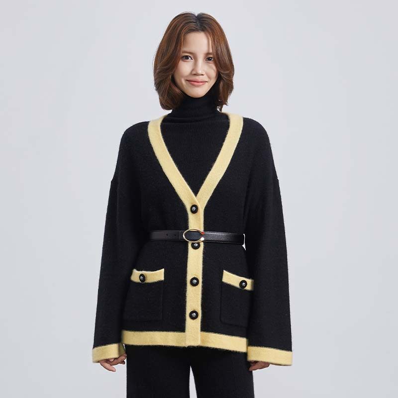 VogoPetiteV领撞色长款100%山羊绒女开衫外套文艺复古经典小香风,女装/女士精品,羊绒衫,淘宝优惠券,粉丝福利购,淘宝优惠卷