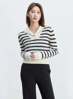 新款100%山羊绒海军领条纹长袖百搭简约套头衫女通勤