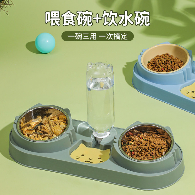 不锈钢双碗狗盆自动饮水