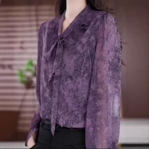 @恒清女装薄款印花冰丝衬衫女雪纺防晒小衫春秋季紫色拼接打底衫