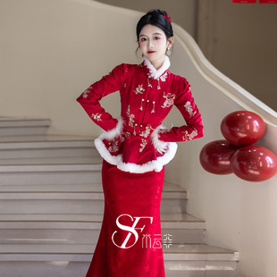 保暖毛领修身 厚款 鱼尾订婚礼服裙女 冬季 新娘敬酒服高级感2025新款