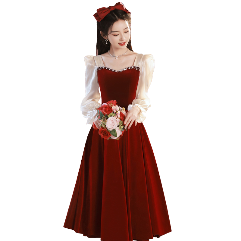 新娘敬酒服红色结婚礼服女长袖回门服法式订婚答谢宴高级感连衣裙