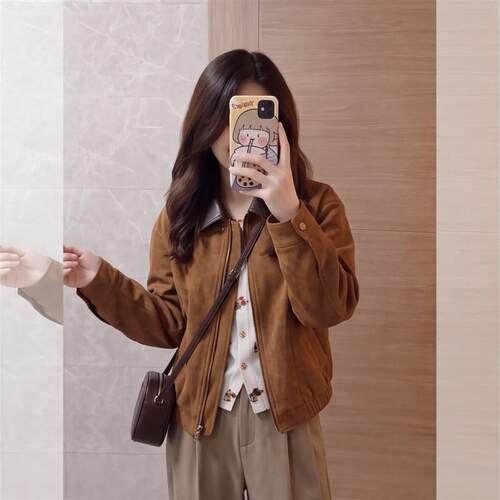 美拉德复古棕色麂皮绒翻领短外套女秋季新品秋季通勤百搭显瘦夹克