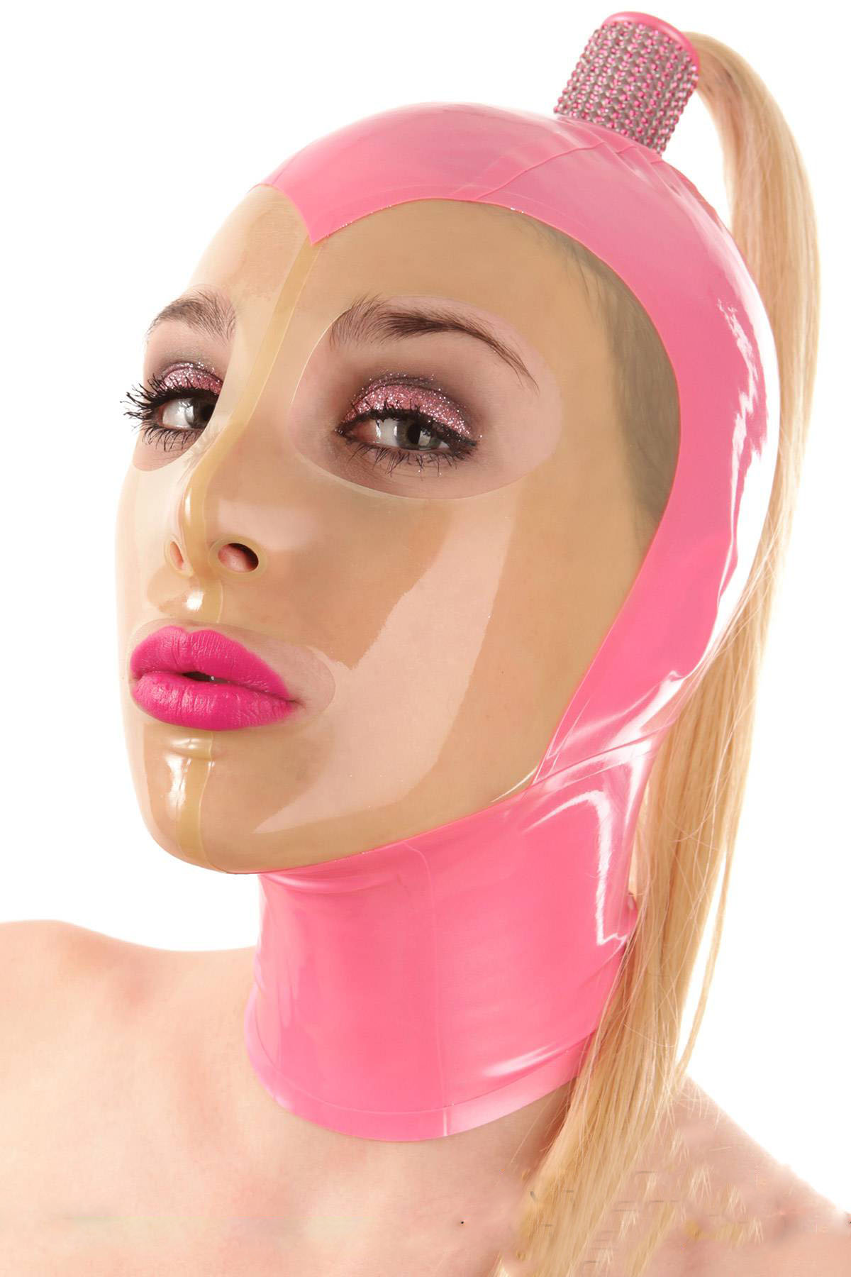 【SUYI】乳胶头套 含假发  拼色头套 艳粉拼透明 含假发  定制