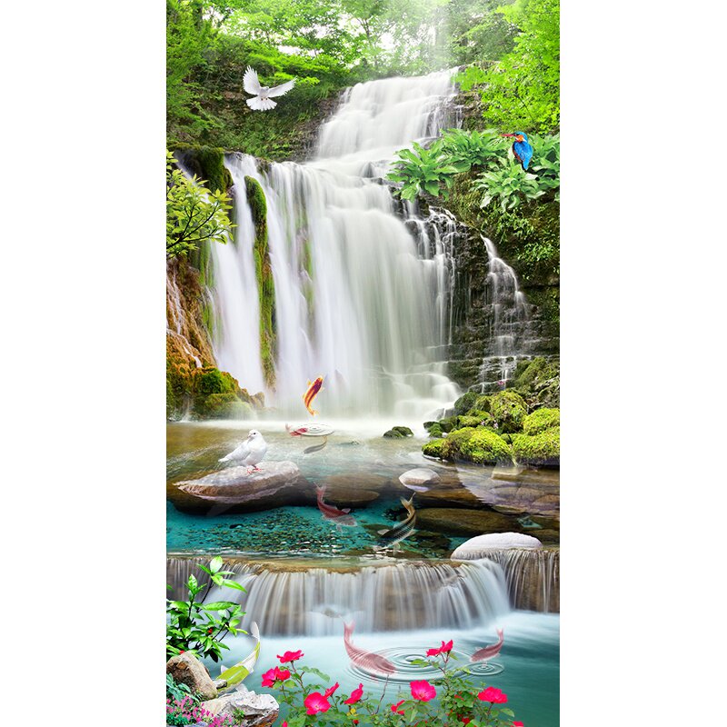 现代国画玄关风景山水瀑布流水生财迎客松精美好看墙壁装饰贴挂画