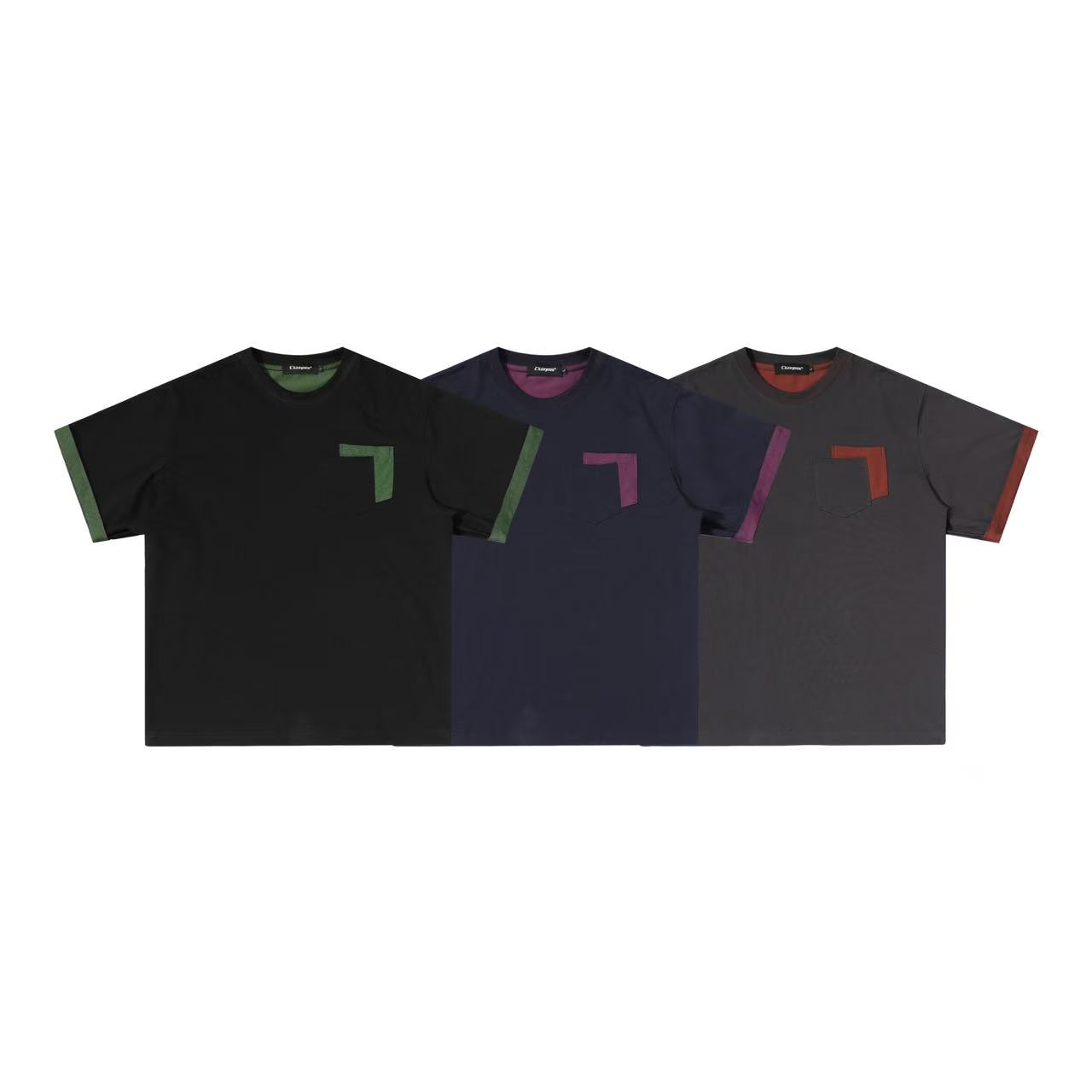 美式复古纯棉撞色拼接口袋圆领短袖T恤男女夏季新款情侣上衣