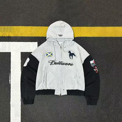 美式风连帽开衫全棉卫衣男宽松战马贴布做旧破坏拉链外套