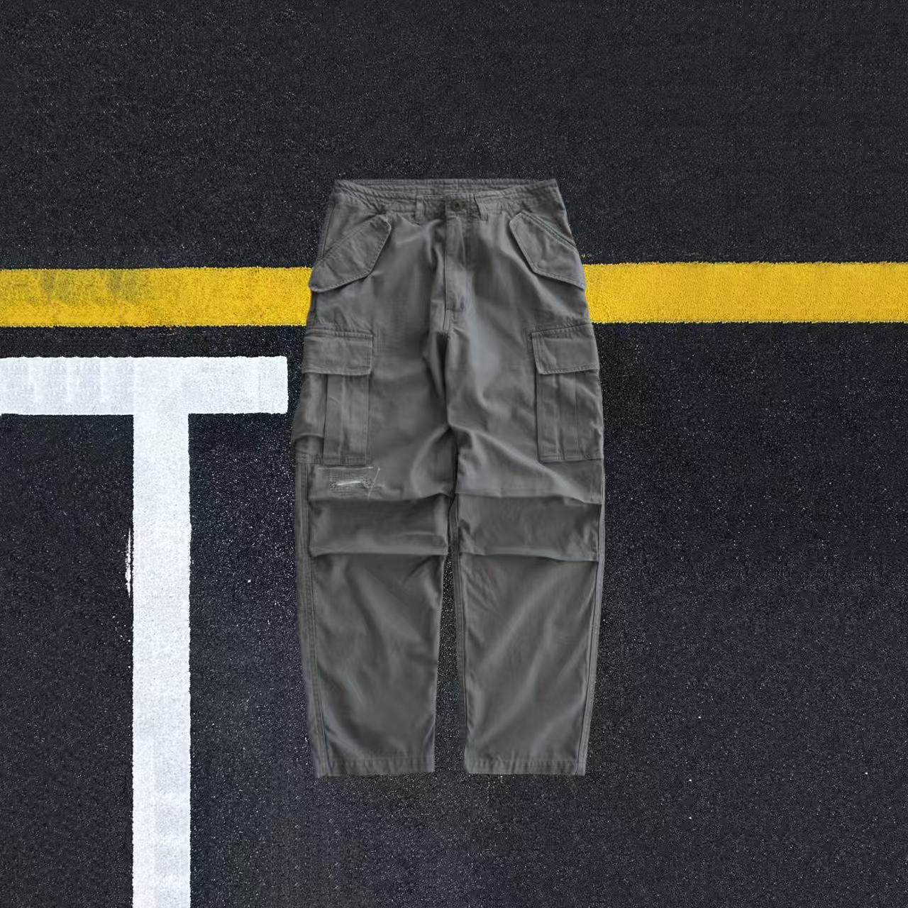 日系全棉工装风磨破多口袋休闲裤男宽松直筒长裤工装裤