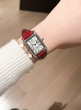 手表女轻奢小众红色真皮表带防水石英长方形小表盘七夕礼物送女友
