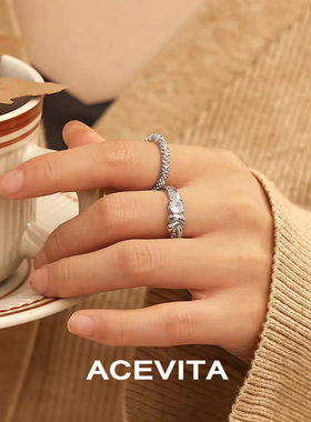 ACEVITA潮酷冷淡风锆石花朵戒指
