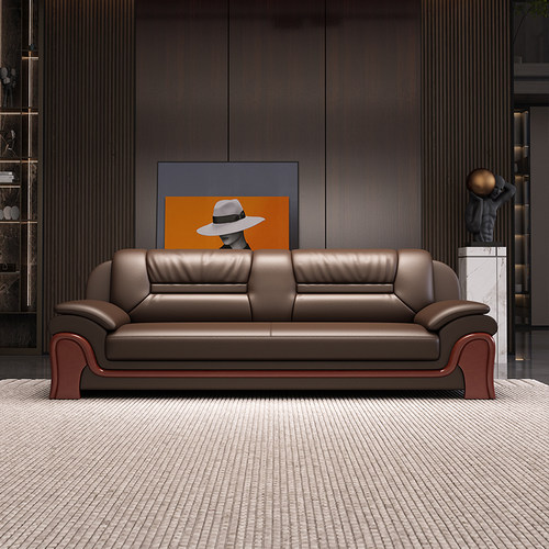 现代中式真皮办公室三人位沙发