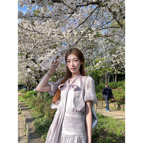 SourceWithU温柔丝光紫系带短袖