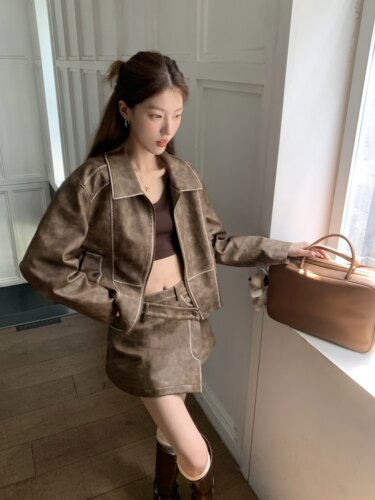 皮衣复古做旧半身裙甜酷宽松擦色