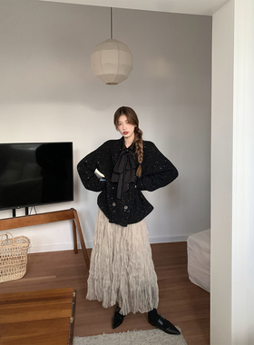 SourceWithU 月桂华夫 黑/浅紫璀璨羊毛双排扣开衫宽松毛衣外套女