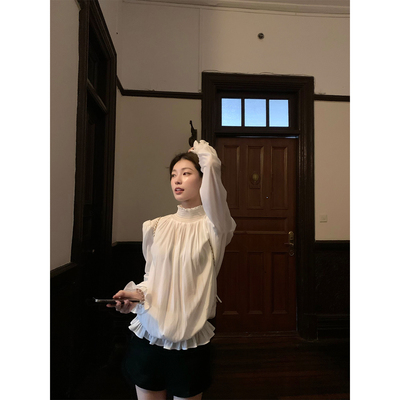 SourceWithU花瓣袖奶白衬衫上衣